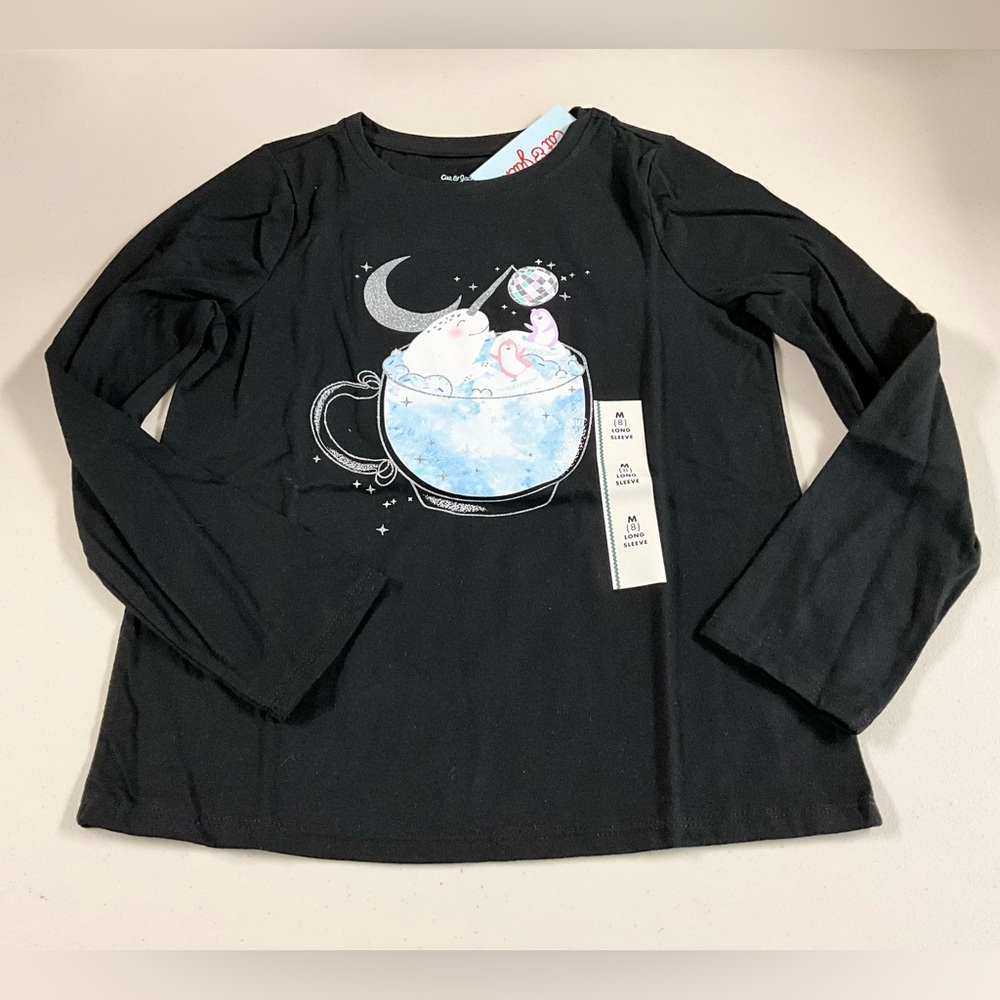 Cat & Jack Black Long Sleeve Tee with Moon and Cup Design